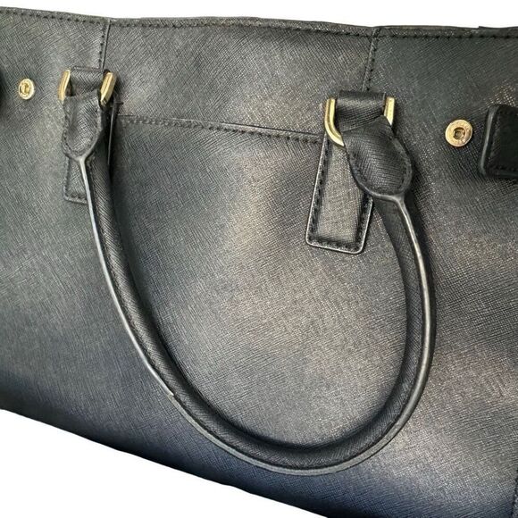 Michael Kors Black Dillon Saffiano Leather Gold EW Satchel Bag Purse - Picture 10 of 11